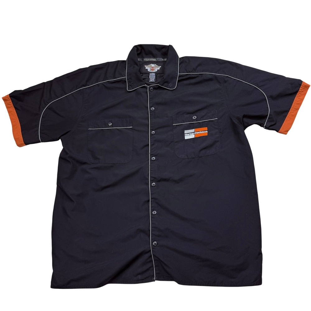 Harley-Davidson Racing Mens XL Black Orange‎ Short Sleeve Button Up Shirt